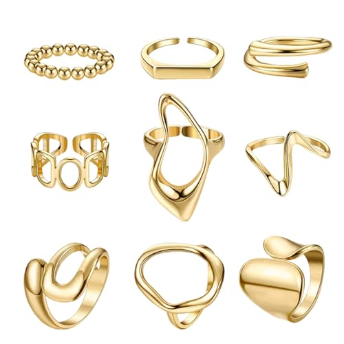 Fonyiunce 9 Stück Ringe Frauen Set Gold, Gold Chunky Ringe für Frauen, Verstellbare Stapelbare R-inge, Statement Ring, Trendiger, Wasserfest R-inge Go-ld, für Damen Mädchen