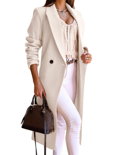 IDEALSANXUN Langer Wollmantel für Damen, Herbst, Winter, Trenchcoat, Pfau, zweireihig, Blazer, Jacken, Übermantel, Beige, Small