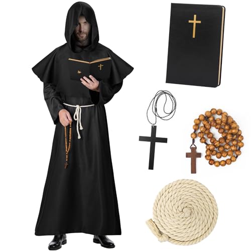 Haozozo Halloween Kostüm Männer, Mönch Kostüm Herren Set mit Mönchskutte、Mönch Robe、Klassische NotizbüCher und Kreuzverzierungen,Mittelalter Mönch Priester Kostüm Herren für Karneval Halloween