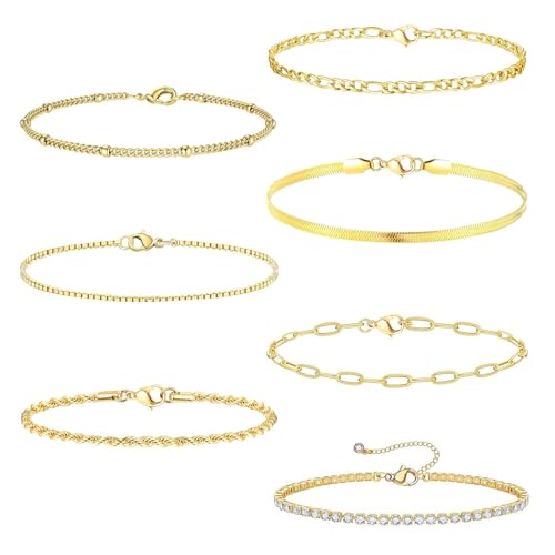 Carreneu 7Pcs Armband Gold Damen Armband Gold Gold Armband Damen Armbänder Gold Damen Schmuck Gold Goldene Armbänder Verstellbares Modeschmuck Armband Set Wasserdichtern Gold Schmuck für Damen