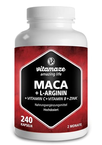 Vitamaze Maca Kapseln hochdosiert mit L-Arginin + Vitamine + Zink, 240 Kapseln, Pflanzliche Nahrungsergänzung ohne Zusätze, Made in Germany