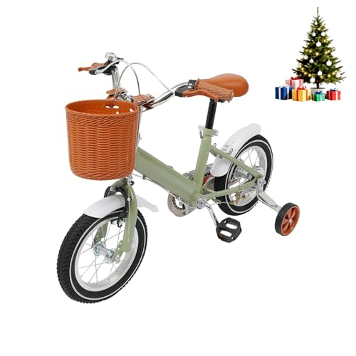 HUOMMGS 12 Zoll Kinderfahrrad Upgraded Kinder Fahrrad für ab 2-4 Jahre Höhenverstellbar Kinderfahrrad mit Stützrädern und Korb Jugend Fahrrad für Jungen & Mädchen (Grün)