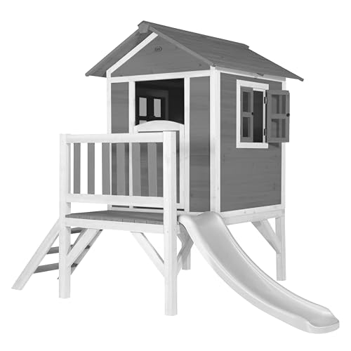AXI Spielhaus Beach Lodge XL in Grau mit Rutsche in Weiß | Stelzenhaus aus FSC Holz für Kinder | Kleiner Spielturm für den Garten