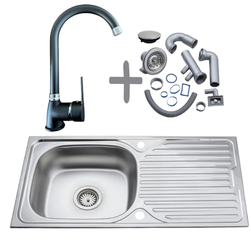 Edelstahl Küchenspüle 86x43,5 cm mit Küchenarmatur – Einbauspüle 1 Becken mit Abtropffläche – Spülbecken Edelstahl 304 rostfrei inkl. Siphon & Chrom-Armatur – Komplettset