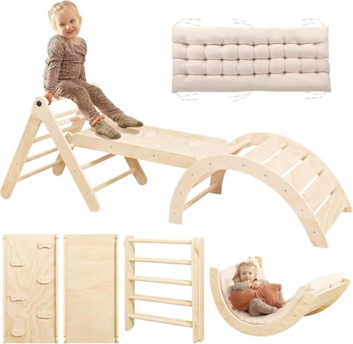 7-in-1 Montessori Kletterdreieck Set mit Rutsche, Kletterbogen & weichem Kissen – Holz Klettergerüst für Babys & Kleinkinder ab 1–3 Jahre, Indoor Spielgerät, faltbar & sicher (Naturholzfarbe)