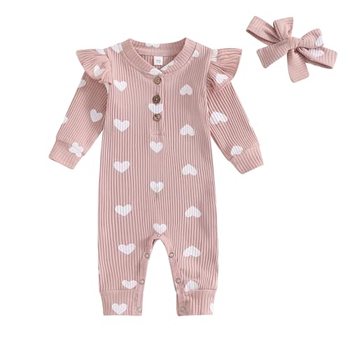 Geagodelia Baby Mädchen Strampler Overall Herz Bogen Outfit Kleidung Babykleidung Neugeborene Weiche Jumpsuit Babystrampler Valentinstag (Herz - Pink, 0-3 Monate)