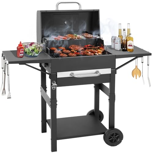 Holzkohlegrill Groß mit Deckel und Gusseisen Grillrost – Edelstahl Grillwagen für Outdoor Garten, Camping BBQ & Smoker