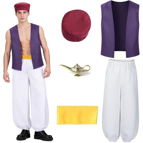 Taechalingo Aladdin Kostüm Mann,mit Ärmellos Weste Tops mit Pumphose,Hüte,Lampe,Märchenanzüge,Halloween,Cosplay,Party,Anzug