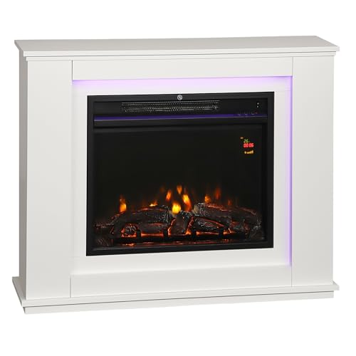 HOMCOM Elektrokamin mit Heizung, Elektrischer Kamin mit 12 Farbigen Flammeneffekten, 5 Helligkeitsstufen, 2000W Dekokamin mit 2 Leistungsstufen, Fernbedienung, Thermostat, Timer, Überhitzungsschutz
