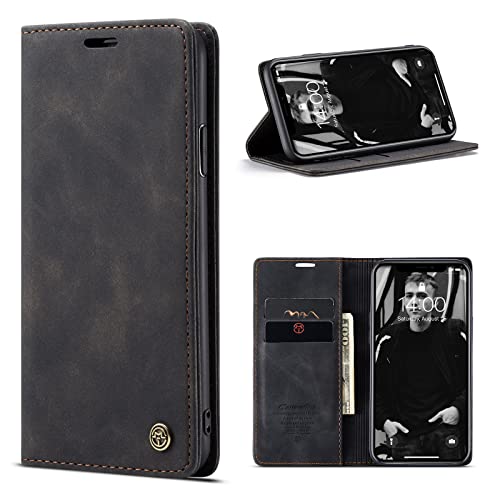 owlhold Handyhülle für iPhone XR Hülle, Premium Lederhülle Weiches Vintage-Nubukleder Faltbare Ständer Klapphülle Kartenfach Standfunktion stoßfest Schutzhülle für iPhone XR -Schwarz
