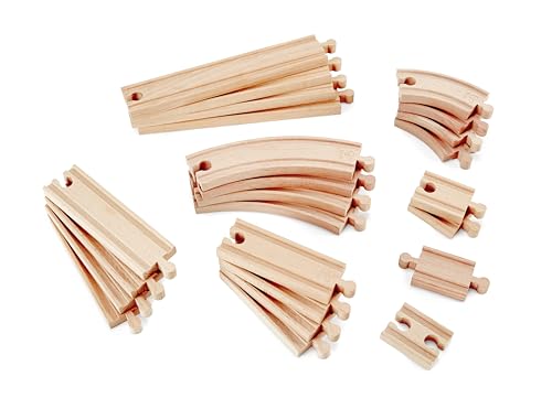 Hape Eisenbahnwelt Großes Schienenausbauset - Holzeisenbahn Zubehör für Kinder, Erweiterungsset mit Gleisen, Kompatibel mit gängigen Holzschienen, Kurven, Weichen, 24 Teile, für Kinder ab 3 Jahren