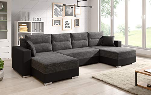 Generisch Clara U-Form Wohnlandschaft mit Schlaffunktion Couchgarnitur Sofa in Kunstleder oder Stoff schwarz grau (Clara_U_ek14/berlin02)