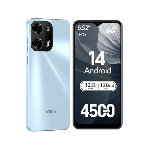 invens Note TK02 Handy Ohne Vertrag - 12GB(4+8)+128GB /256GB Smartphone Ohne Vertrag Android 14, 6,52 Zoll Bildschirm 4500mAh Handy Günstig, 16MP+8MP Kamera, 4G Dual SIM/Face ID/GPS/3.5mm Jack Blau