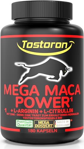 Tostoron MEGA MACA POWER hochdosiert - 180 Kapseln MACA SCHWARZ + L-Arginin AKG + L-Citrullin Malat + Traubenkern Extrakt + Vitamin C - 1 Dose=1x155g