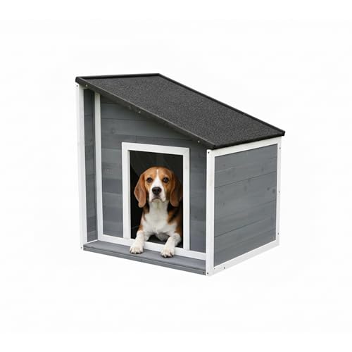Relaxdays Hundehütte, Holz, wetterfest, klappbares Schrägdach, Hundehaus für kleine Hunde, HBT: 77x71x58 cm, grau/weiß