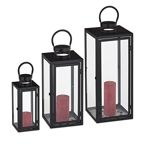 Relaxdays Laternen 3er Set, Deko Laternen für draußen & drinnen, 3 Größen, modern, Metall Windlicht für Kerzen, schwarz, 10034253