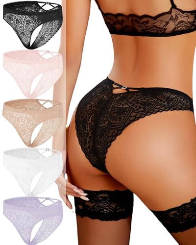 ALL OF ME 5er Pack Unterhosen Damen Spitze Brazilian Slips Unterwäsche Frauen X-Back Sexy Hipster Underwear Women Lace Dessous Nahtlos Panties Mehrpack S-XL,A-5,M