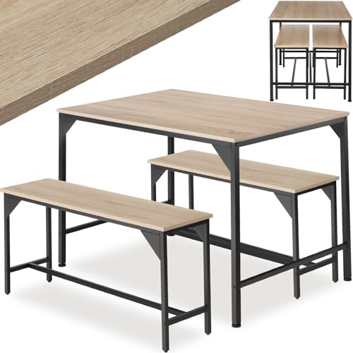 tectake Essgruppe, Esstisch 3-teilig, Sitzgruppe, Esszimmer Set mit Tisch und 2 Bänken, 110 x 70 x 75 cm, Industrial Design, ideal für Küche, Wohnzimmer, Esszimmer - Industrial Holz hell, Eiche Sonoma