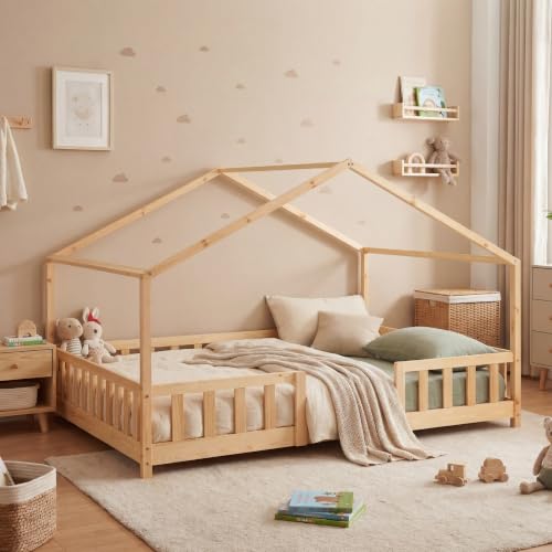 [en.casa] Kinderbett Treviolo Hausbett 140 x 200 cm Holzbett für Kinder mit Rausfallschutz Montessori Bettgestell mit Lattenrost Kiefernholz Holzfarben