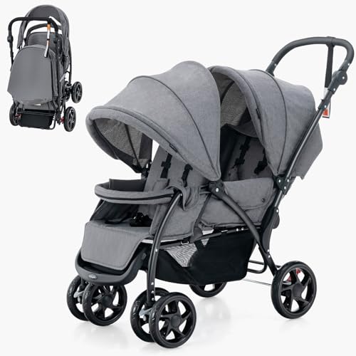 LIFEZEAL Faltbarer Doppelkinderwagen für Zwillinge, Kinderwagen 2-Sitzer mit verstellbarer Rückenlehne, Mobiler Geschwisterwagen mit Bremsen, Belastung 15 + 15 kg (Grau)