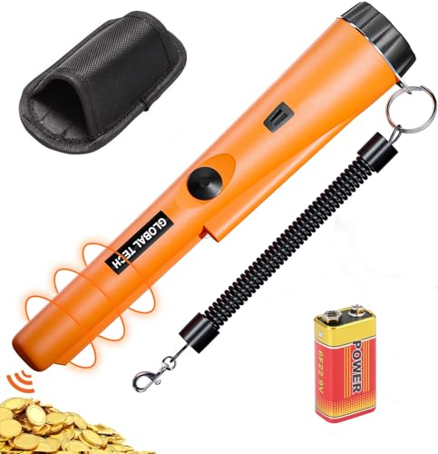 GLOBAL TECH Metalldetektor Pinpointer - Tragbarer Metalldetektoren IP66 Wasserdicht 360° Suchen Metallsuchgerät mit 9V Batterie, LED Indicator, Gürtel Holster für Goldsuche, Schmuck, Silber
