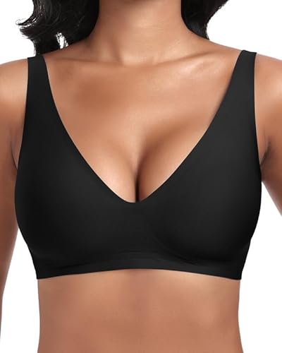 Jiuday Tiefer V Push Up BH ohne Bügel for Damen Bequemer BH für Große Brüste Starker Halt Seamless Soft Bra Bügelloser Gepolstert Nahtloser Glatter Bralette (Schwarz,M)