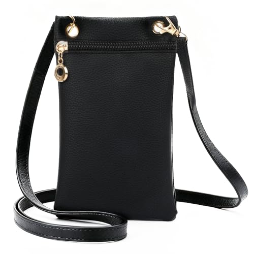 Hopton Handytasche zum Umhängen Damen, PU Leder Handy Umhängetasche, Klein Handy Tasche mit Verstellbarem Riemen, Mini Umhängetasche Damen für Phone, Karte, Schlüssel, Schwarz