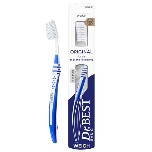 Dr.BEST Original Zahnbürste, Weich (1 Stück), für die tägliche Reinigung mit bewährtem Dr.BEST Flachschnitt. Flexzone und abgerundete Borsten für eine gründliche und schonende Pflege.