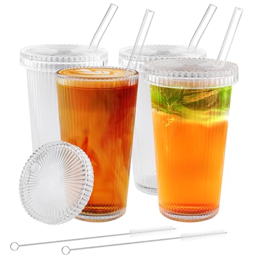Vexillic Trinkgläser mit Deckel und Strohhalm,4 Stück Cocktailgläser 375 ML Matcha Glas Bubble Gläser für Wasser Cocktails, Eiskaffee, Eistee und Soda (Glasabdeckung)