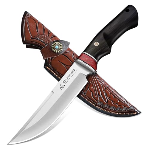 Golden Bird Survival Messer Jagdmesser Feststehende Klinge aus D2 Stahl mit ergonomischem Griff, Full Tang Outdoor Messer mit Lederscheide für Camping und Bushcraft, Geschenk für Männer