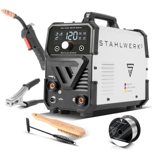 STAHLWERK Schweißgerät Mini FLUX 120 ST Digital – Fülldrahtschweißen (FLUX) ohne Schutzgas bis 120 A, kompakt, synergischer Drahtvorschub, integriertes LED-Licht, Lift-TIG- und MMA/ARC-Funktion