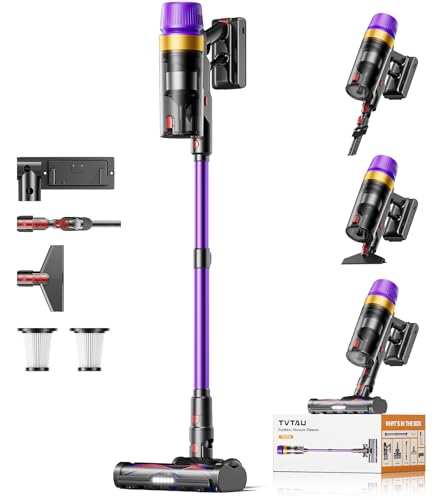 TVTAU Akku Staubsauger Kabellos für Tierhaare, 1,8L mit Display, 55000Pa/620W/75Min Akkusauger, Selbststehender Stielstaubsauger mit Anti-Tangle-Bürste & Wandladestation, für Teppiche/Hartböden/Auto