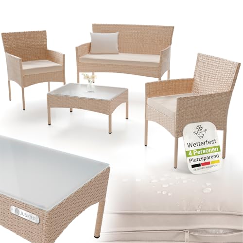 Juskys® Polyrattan Sitzgruppe Fort Myers Creme mit Sand Bezüge 4 Personen mit 2er Sofa, 2 Stühle, Tisch & Sitzkissen wetterfest Balkonmöbel Gartenmöbel Set