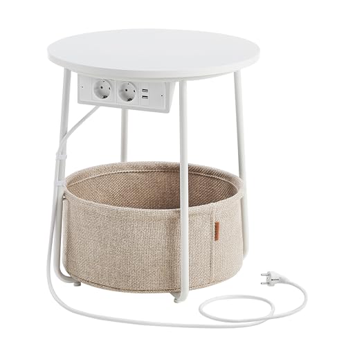 VASAGLE Beistelltisch rund, Kleiner Tisch, Couchtisch mit Steckdose, Wohnzimmertisch, Korb aus Stoff, Stauraum für Wohnzimmer Schlafzimmer, Nachttisch modern, mattweiß-Kamelbraun LET228W02