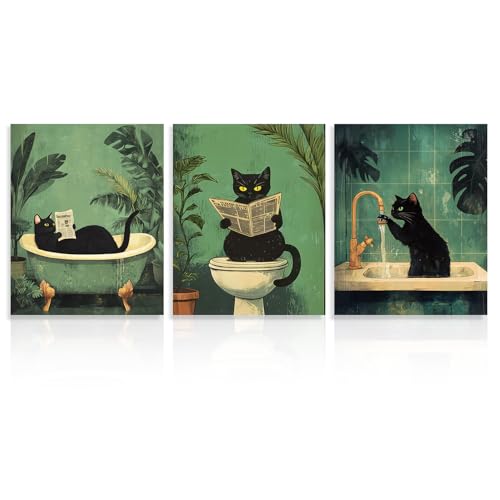 Dazzlewall 3 Stück Lustige Katzen Badezimmer Bilder, Vintage schwarze Katze wäscht Pfoten beim Zeitunglesen Drucke für Badezimmer Toiletten Deko 8x10 Zoll Ungerahmt