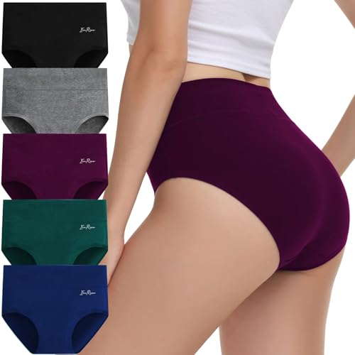 IceReco Unterhosen Damen Bauchweg High Waist Unterhose Damen Baumwolle Unterwäsche Frauen Set 5er Pack Slip Schlüpfer Panties Briefs Underwear Stretch Atmungsaktiv Weich Schwarz Grau Rot Blau Grün XL
