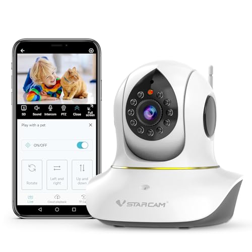 VSTARCAM 2K Überwachungskamera Innen, Interaktive Kamera für Hunde und Katzen mit Handy-App, 360° Linsenschwenkung und Neigung, Infrarot-Nachtsicht, Bewegungsverfolgung, 2-Wege-Audio