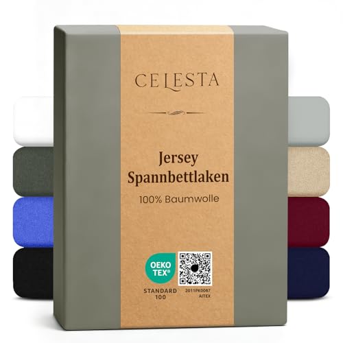 CELESTA Spannbettlaken 140x200cm 100% Baumwolle, Oeko-TEX Zertifiziert Jersey Spannbetttuch 140x200, Matratzenhöhe bis 25 cm für Boxspringbett, Dunkelgrau