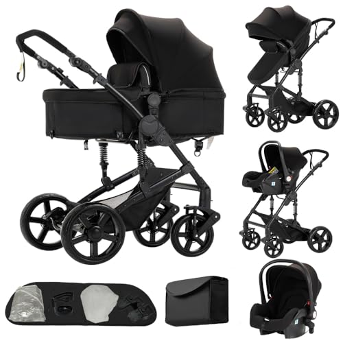 3 in 1 Kombikinderwagen Schwarz,Ein-Klick-Faltung