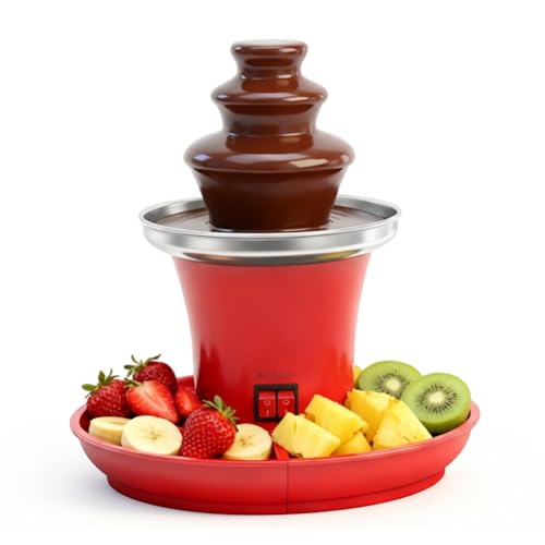 RANJIMA Schokobrunnen, 3 Etagen Elektrisch Schokoladenbrunnen Schokoladenfondue Maschine, 200g Kapazität Edelstahl Schokoladen Brunnen Klein mit Obst Teller für Familie Party Geburtstag Weihnachten
