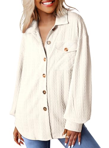 Dokotoo Bluse Damen Langarm Elegant Hemdjacke Lässig Oberteile Hemd Langarmshirt Knopfleiste Einfarbig Shirts Stehkragen Locker Hemdbluse Weiß M