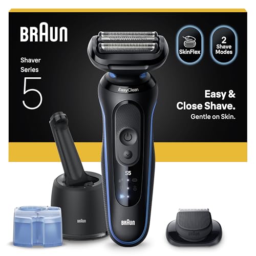 Braun Series 5 Elektrorasierer Herren, Rasierapparat mit 50 Min. Akku, 4in1 SmartCare Reinigungsstation, +1 Aufsatz, Kabelloser Nass- und Trockenrasierer für Männer, Wasserdicht, 52-B7200cc, Blau