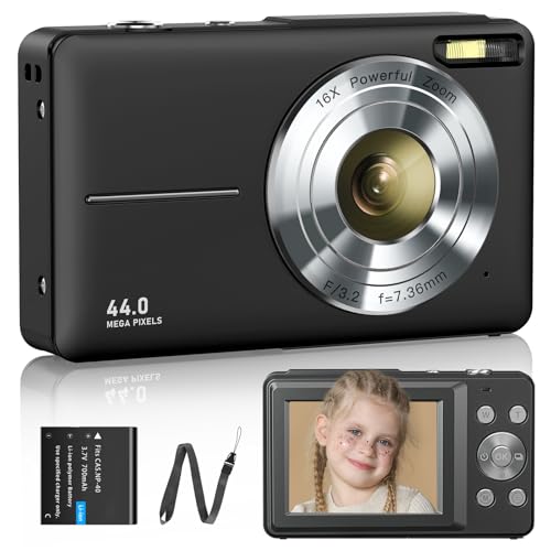 Digitalkamera Fotokamera 1080P 44MP Fotoapparat 16X Digitalzoom 1 Akkus Digitalkamera für Kinder Jugendliche Student Anfänger Schwarz