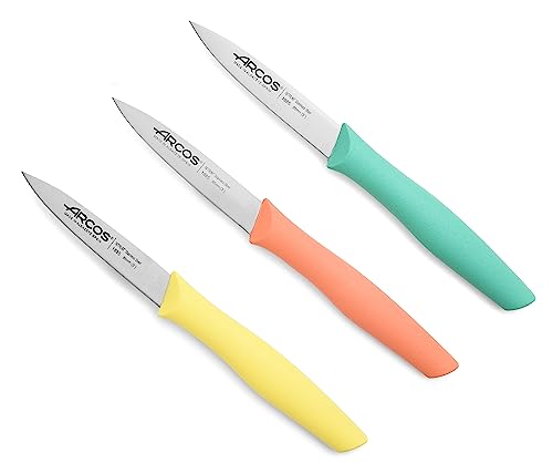 Arcos Küchenmesser Set 3 teilig aus Edelstahl Serie Nova. Schälmesser für Obst und Gemüse mit ergonomischem Polypropylen Griff. Farben Orange, Gelb, Blau