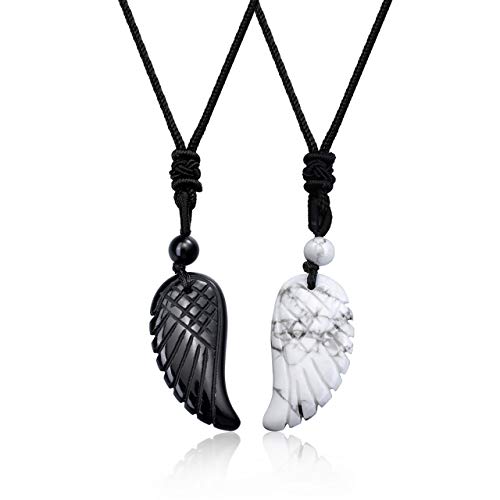 JSDDE 2er Flügel Anhänger Halskette Set Freundschaftskette Engelsflügel Anhänger aus Edelstein Heilstein Glückskette Paare Pärchen Kette Amulett Kette für Liebhaber Partner (Obsidian+Weißer Howlite)