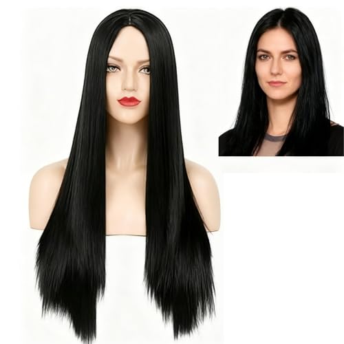 XIKTTK Schwarze Perücke Lang 70CM, Black Wig, für Frauen Damen, Halloween, Karneval, Wednesday Party, Kostüm Perücken Cosplay