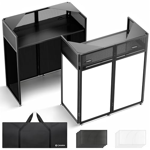 CAHAYA DJ Booth Ständer Tragbarer – Faltbarer DJ-Tisch mit Doppelte Obere Ecken, Schwarzen & Weißen Lichtbespannungen, Kabeldurchführungen und Tragetasche, 102×51cm – Ideal für Hochzeit & Bühne