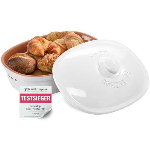 Römertopf Brottopf weiß 6,5 Liter – ovaler Brotbehälter aus natürlicher Keramik mit Deckel – zur Aufbewahrung von Brot, Brötchen, Obst & Gemüse – atmungsaktiv & spülmaschinengeeignet