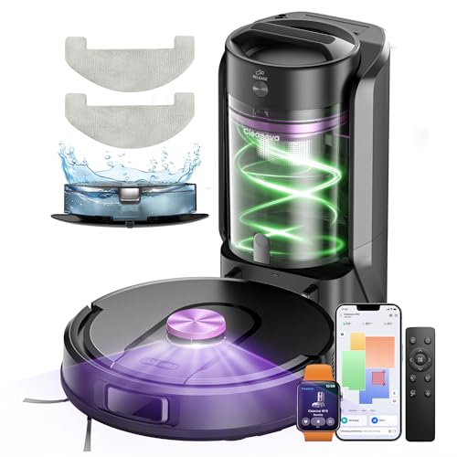 Vexilar Saugroboter mit Wischfunktion, beutelloser Multi-Zyklon Saugroboter mit Absaugstation, 10.000Pa & 200 Min Staubsauger Roboter, 3-in-1 Saug und Wischroboter für Tierhaare & Teppich (Schwarz)