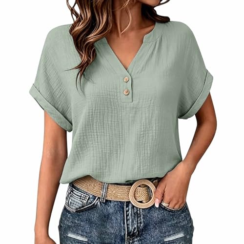 Musselin Bluse Damen Kurzarm – Leinenbluse Sommer V-Ausschnitt Baumwolle Leinen Shirt Lockeres Oversized T-Shirt Knopf Tunika Casual Sommerblusen Longbluse Hemdbluse Große Größen,03 Mintgrün,L